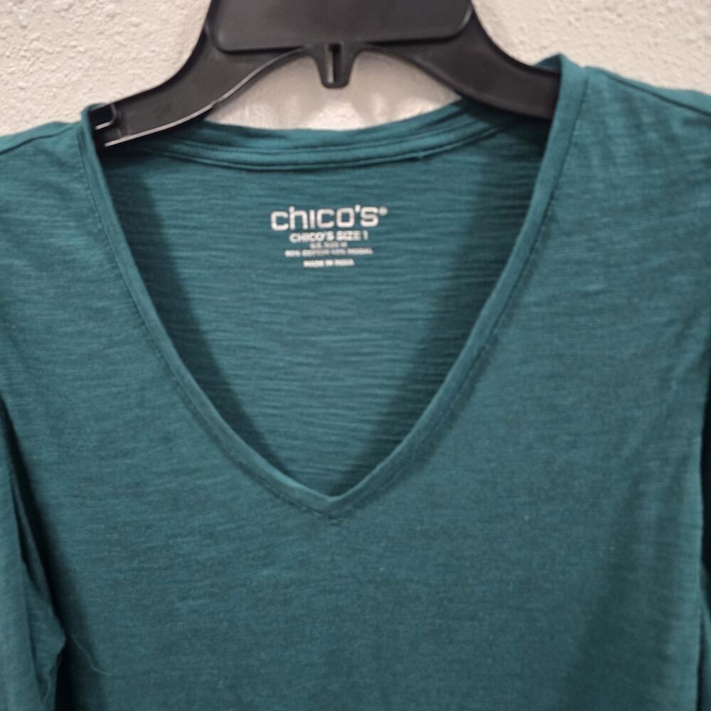 Chico’s Green Long Sleeve Puff Shoulder Top Size 2 (M) V-Neck Soft Knit Blouse - Picture 3 of 7